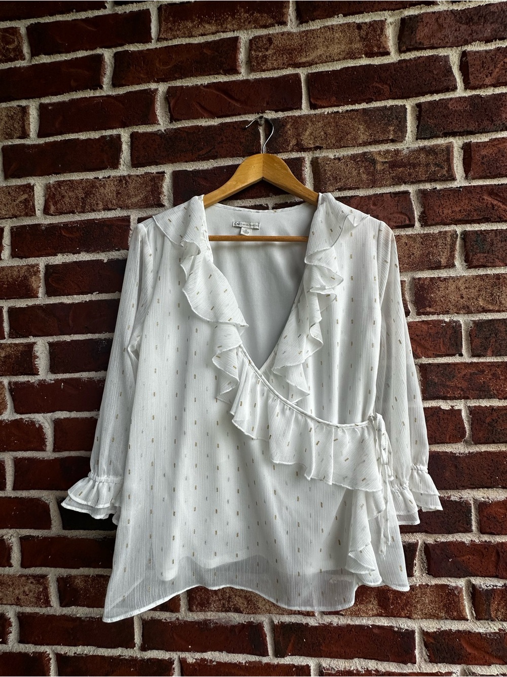 Cato White Wrap Blouse with Gold Dot Accents